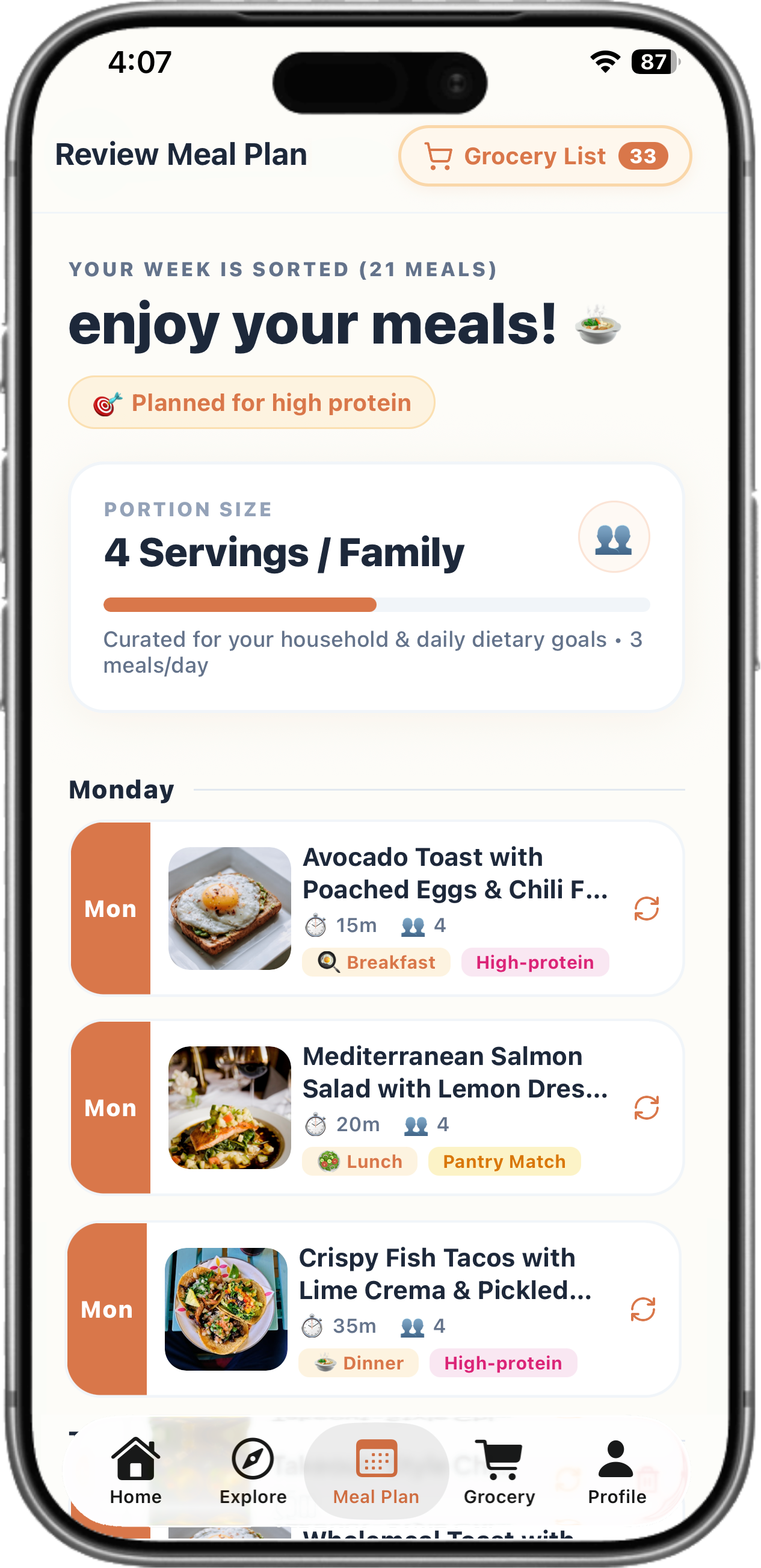 PLATO iOS 7-Day Meal Plan App Mockup